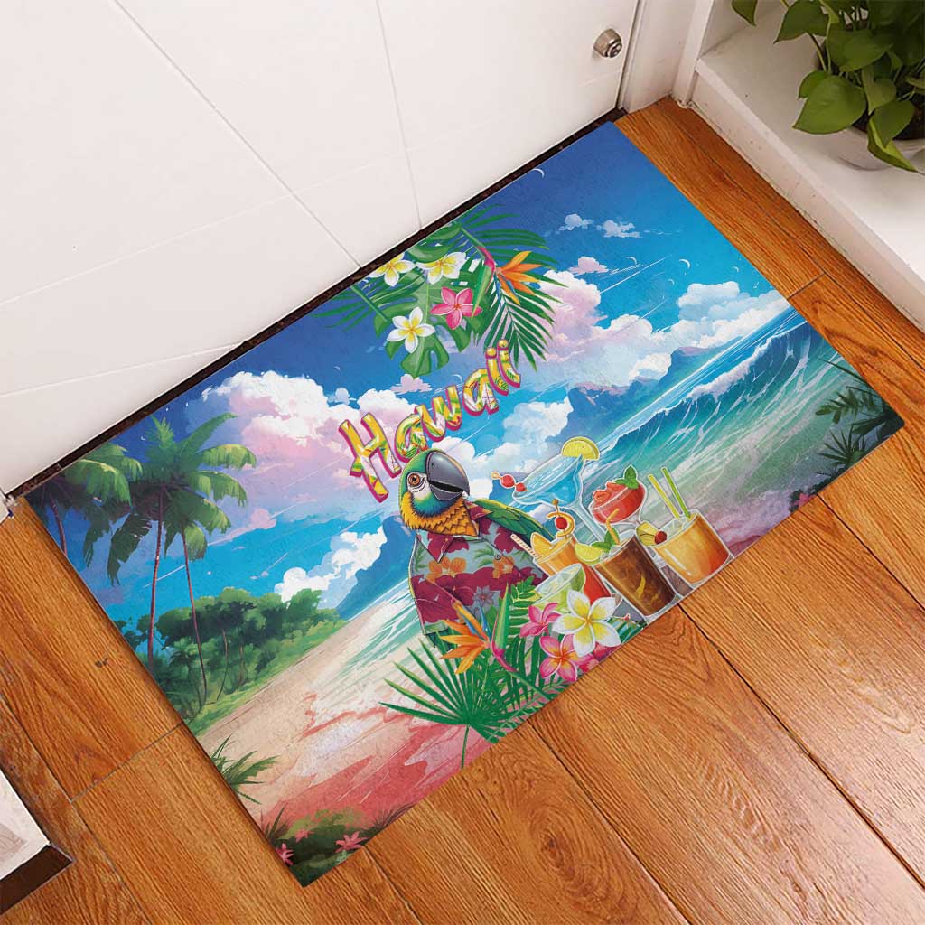 Hawaii Cocktails Rubber Doormat Parrot with Cute Beach Landscape and Tropical Plants