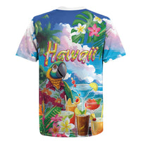 Hawaii Cocktails Rugby Jersey Parrot with Cute Beach Landscape and Tropical Plants