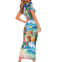Hawaii Cocktails Short Sleeve Bodycon Dress Parrot with Cute Beach Landscape and Tropical Plants