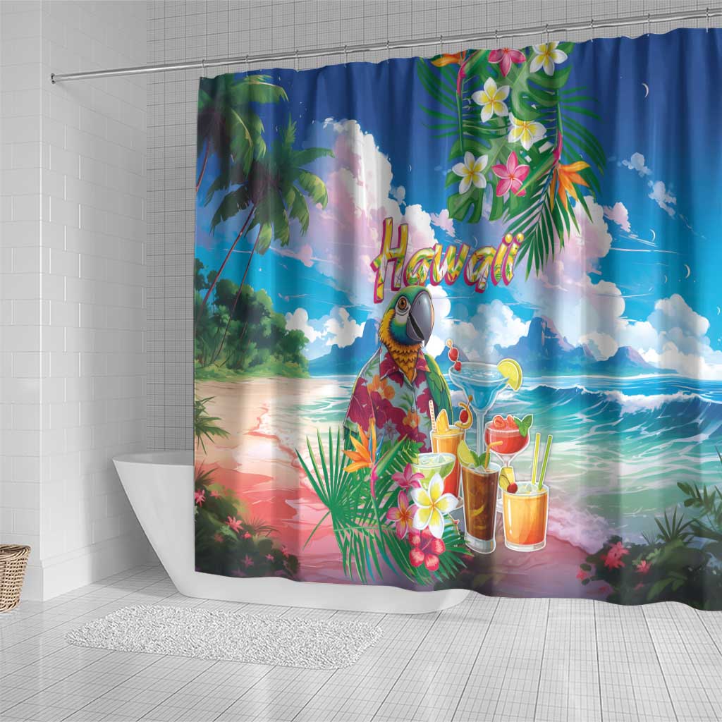 Hawaii Cocktails Shower Curtain Parrot with Cute Beach Landscape and Tropical Plants