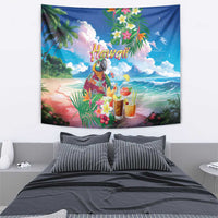Hawaii Cocktails Tapestry Parrot with Cute Beach Landscape and Tropical Plants