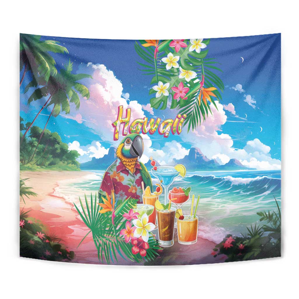 Hawaii Cocktails Tapestry Parrot with Cute Beach Landscape and Tropical Plants