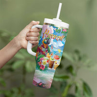 Hawaii Cocktails Tumbler With Handle Parrot with Cute Beach Landscape and Tropical Plants