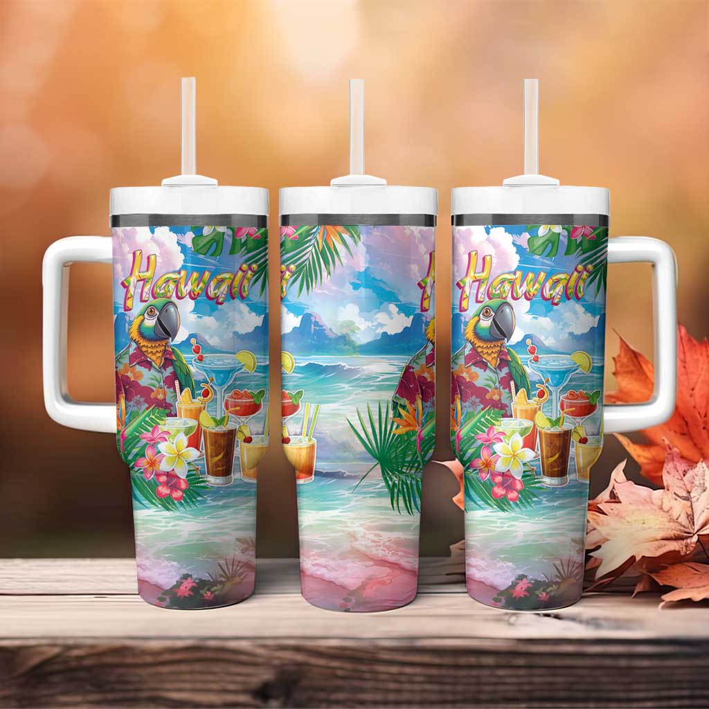Hawaii Cocktails Tumbler With Handle Parrot with Cute Beach Landscape and Tropical Plants