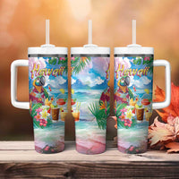 Hawaii Cocktails Tumbler With Handle Parrot with Cute Beach Landscape and Tropical Plants