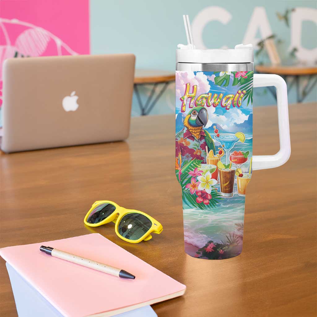 Hawaii Cocktails Tumbler With Handle Parrot with Cute Beach Landscape and Tropical Plants