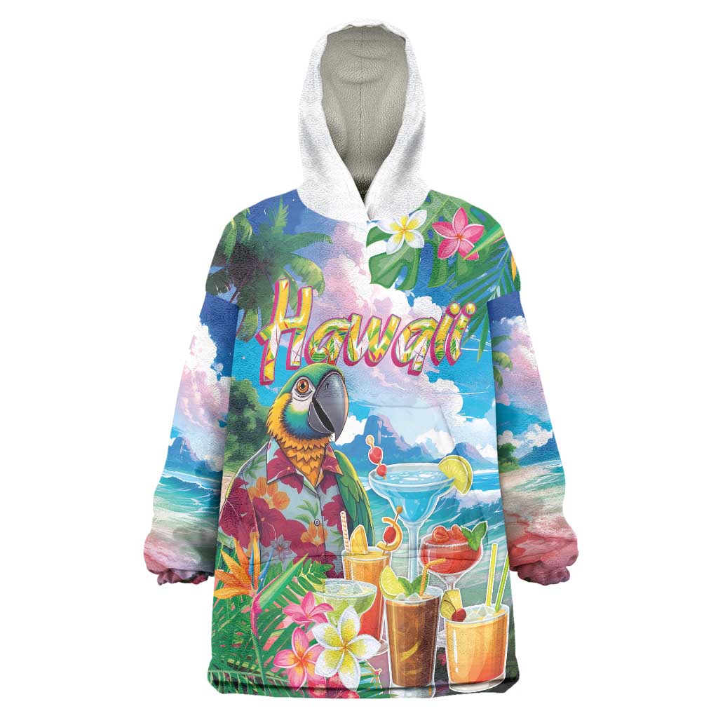 Hawaii Cocktails Wearable Blanket Hoodie Parrot with Cute Beach Landscape and Tropical Plants