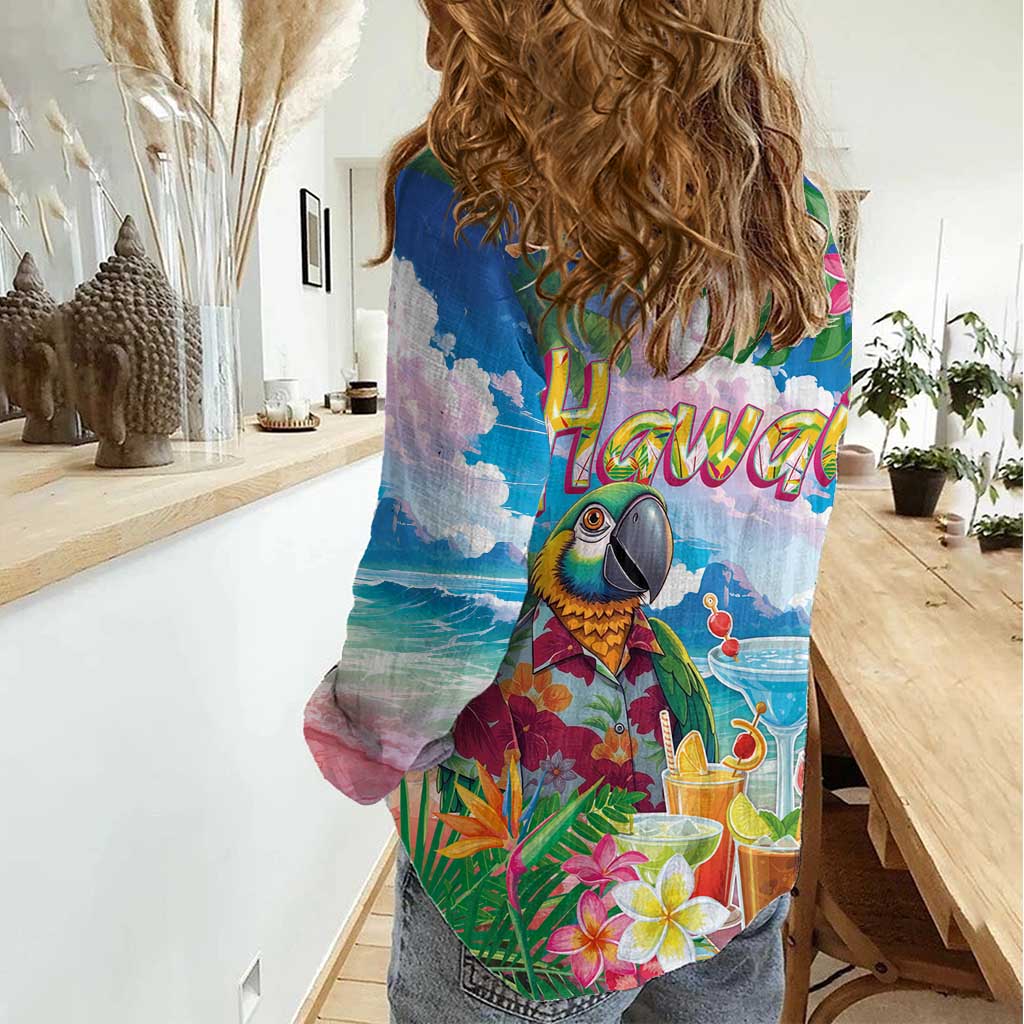 Hawaii Cocktails Women Casual Shirt Parrot with Cute Beach Landscape and Tropical Plants