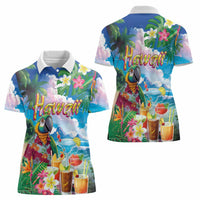 Hawaii Cocktails Women Polo Shirt Parrot with Cute Beach Landscape and Tropical Plants