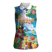 Hawaii Cocktails Women Sleeveless Polo Shirt Parrot with Cute Beach Landscape and Tropical Plants