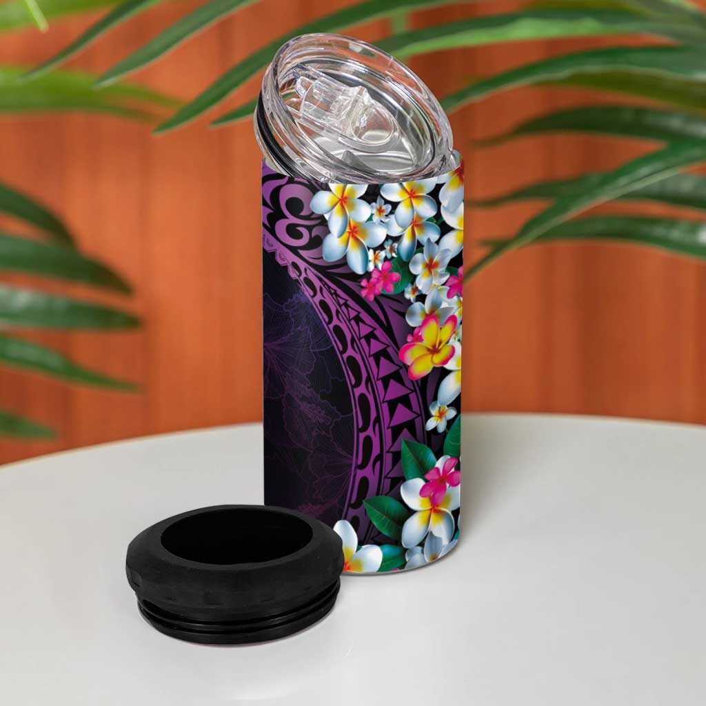 Hawaiian Plumeria-Polynesian Art Tattoo Mauve Color 4 in 1 Can Cooler Tumbler