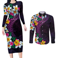 Hawaiian Plumeria-Polynesian Art Tattoo Mauve Color Couples Matching Long Sleeve Bodycon Dress and Long Sleeve Button Shirt
