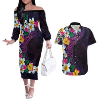 Hawaiian Plumeria-Polynesian Art Tattoo Mauve Color Couples Matching Off The Shoulder Long Sleeve Dress and Hawaiian Shirt