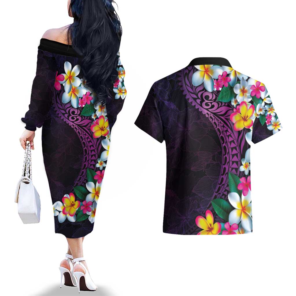 Hawaiian Plumeria-Polynesian Art Tattoo Mauve Color Couples Matching Off The Shoulder Long Sleeve Dress and Hawaiian Shirt