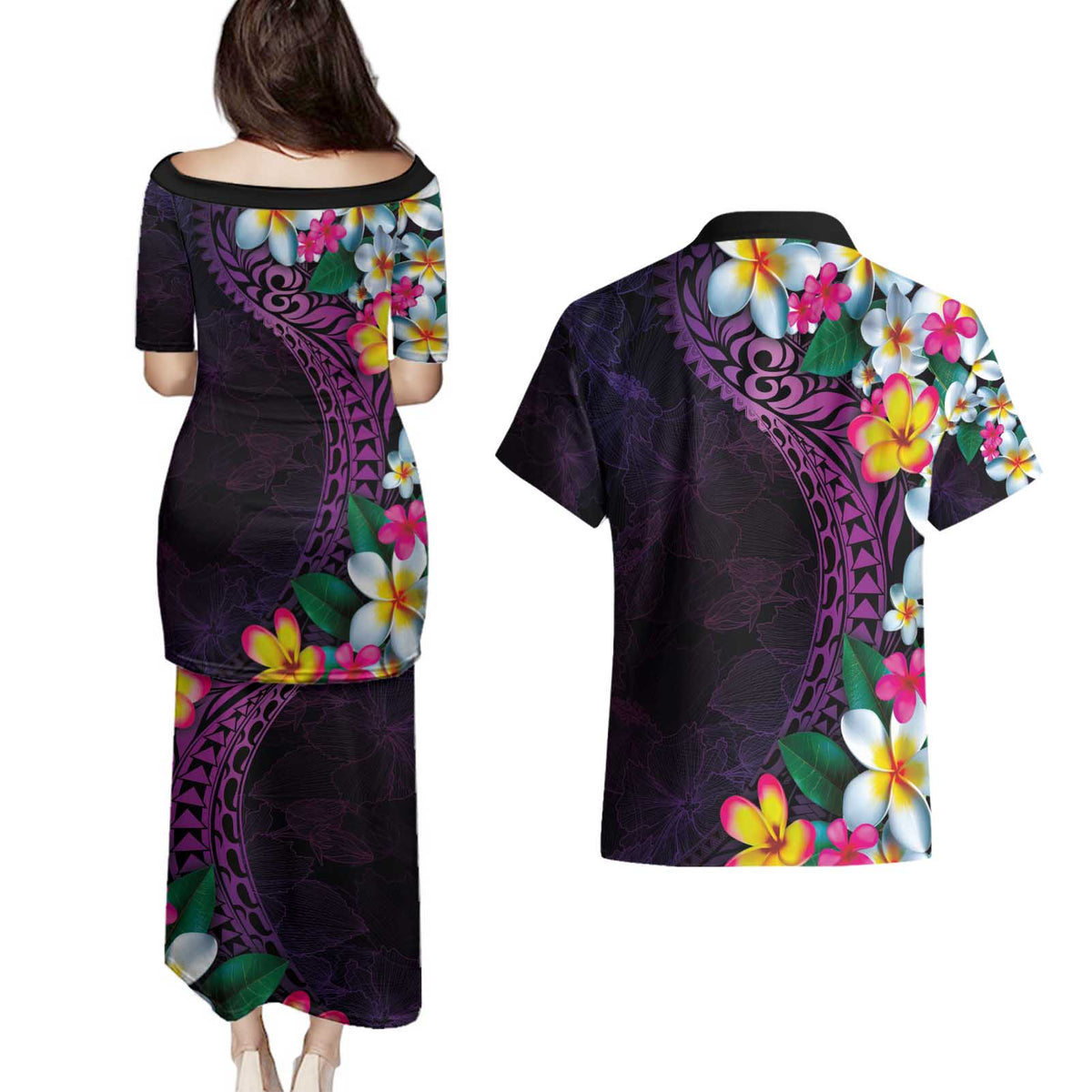 Hawaiian Plumeria-Polynesian Art Tattoo Mauve Color Couples Matching Puletasi and Hawaiian Shirt