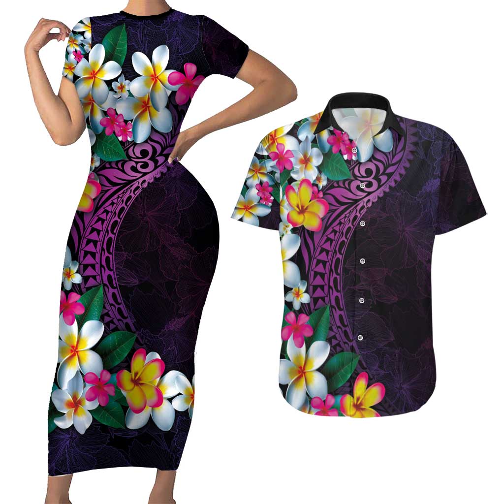 Hawaiian Plumeria-Polynesian Art Tattoo Mauve Color Couples Matching Short Sleeve Bodycon Dress and Hawaiian Shirt LT03 Purple - Polynesian Pride