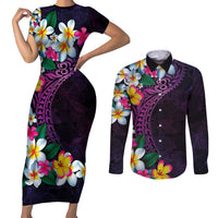 Hawaiian Plumeria-Polynesian Art Tattoo Mauve Color Couples Matching Short Sleeve Bodycon Dress and Long Sleeve Button Shirt