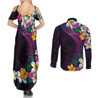 Hawaiian Plumeria-Polynesian Art Tattoo Mauve Color Couples Matching Summer Maxi Dress and Long Sleeve Button Shirt