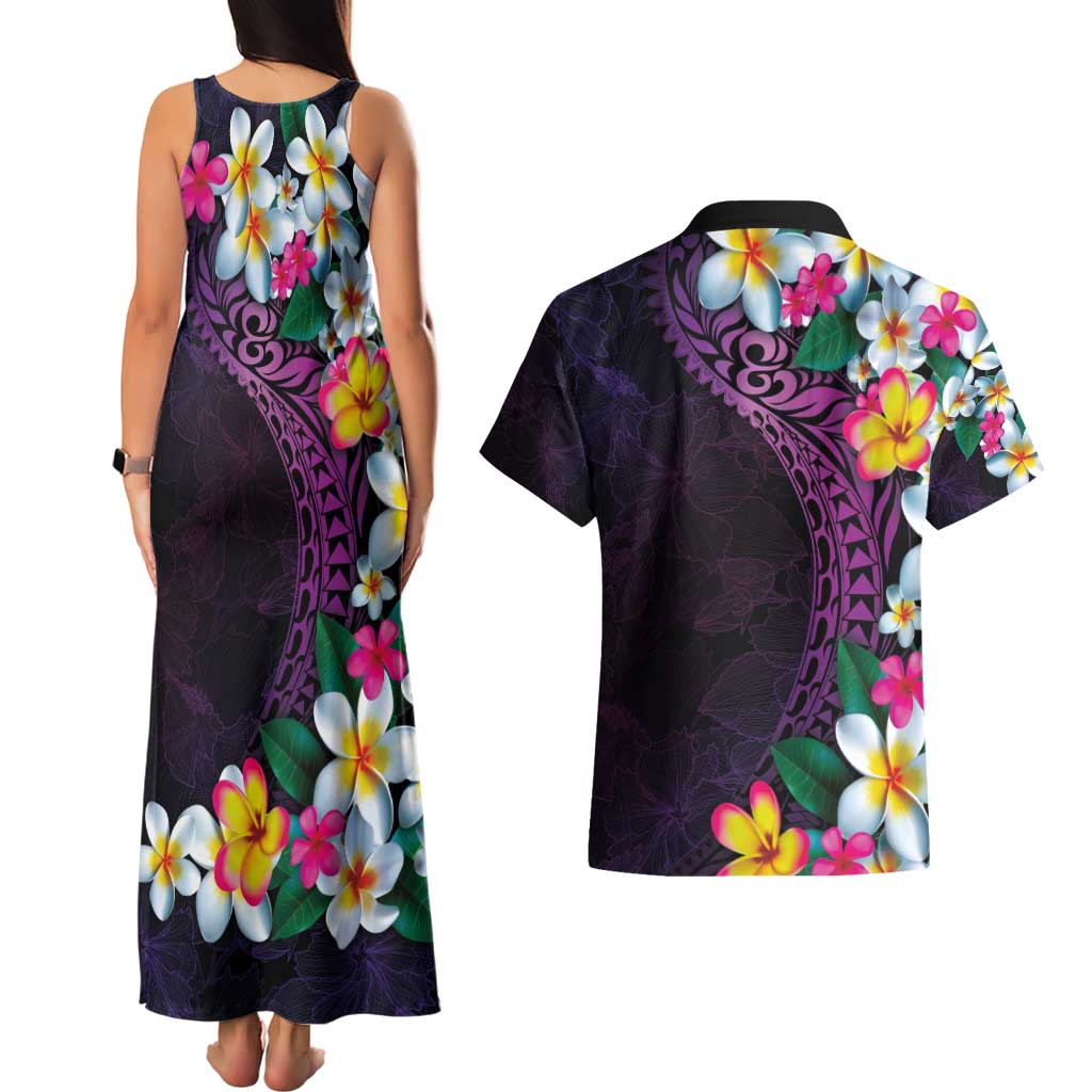 Hawaiian Plumeria-Polynesian Art Tattoo Mauve Color Couples Matching Tank Maxi Dress and Hawaiian Shirt