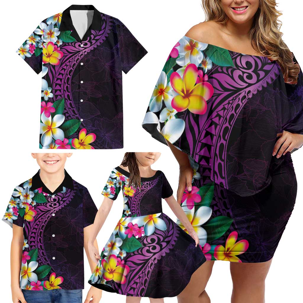 Hawaiian Plumeria-Polynesian Art Tattoo Mauve Color Family Matching Off Shoulder Short Dress and Hawaiian Shirt