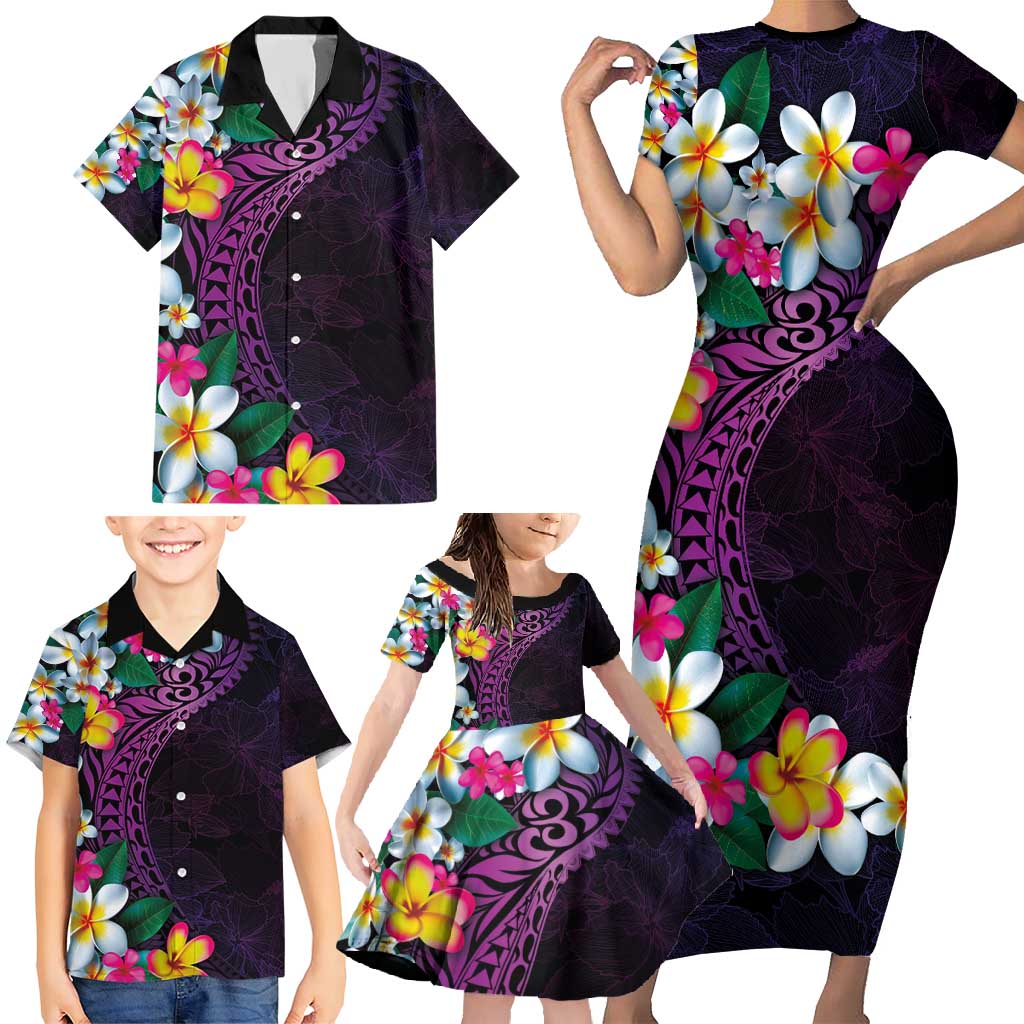 Hawaiian Plumeria-Polynesian Art Tattoo Mauve Color Family Matching Short Sleeve Bodycon Dress and Hawaiian Shirt