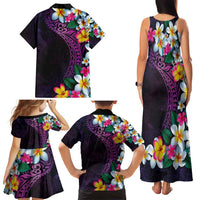 Hawaiian Plumeria-Polynesian Art Tattoo Mauve Color Family Matching Tank Maxi Dress and Hawaiian Shirt