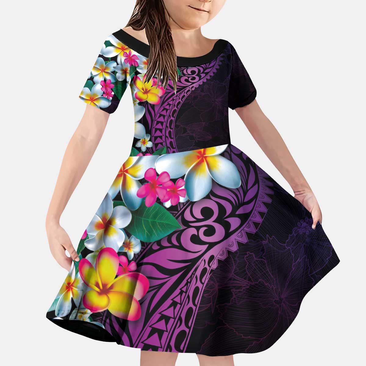 Hawaiian Plumeria-Polynesian Art Tattoo Mauve Color Kid Short Sleeve Dress