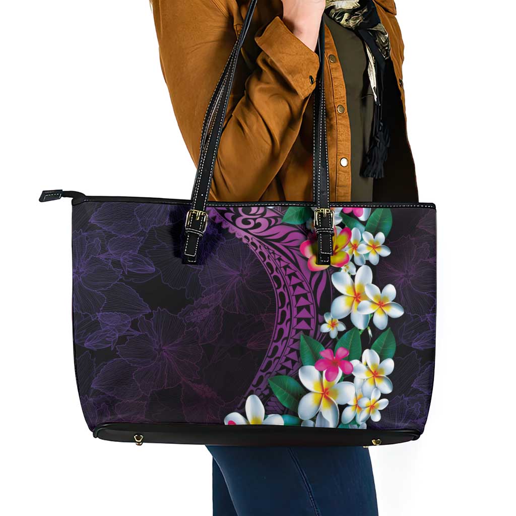 Hawaiian Plumeria-Polynesian Art Tattoo Mauve Color Leather Tote Bag