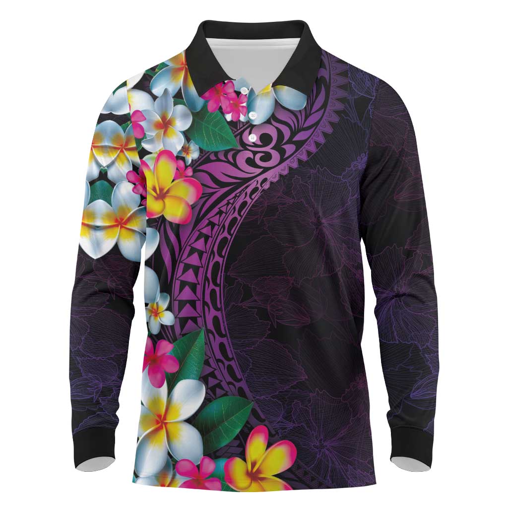 Hawaiian Plumeria-Polynesian Art Tattoo Mauve Color Long Sleeve Polo Shirt