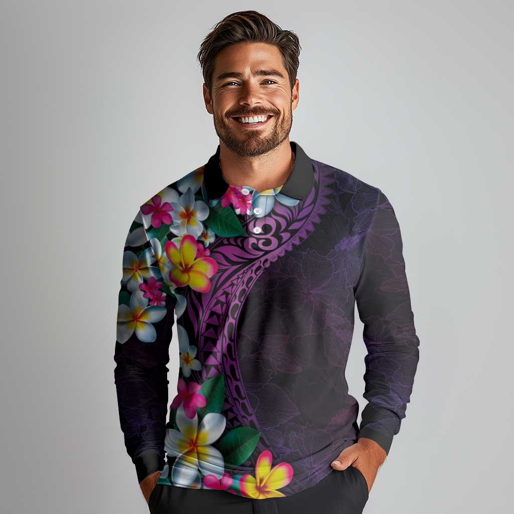 Hawaiian Plumeria-Polynesian Art Tattoo Mauve Color Long Sleeve Polo Shirt