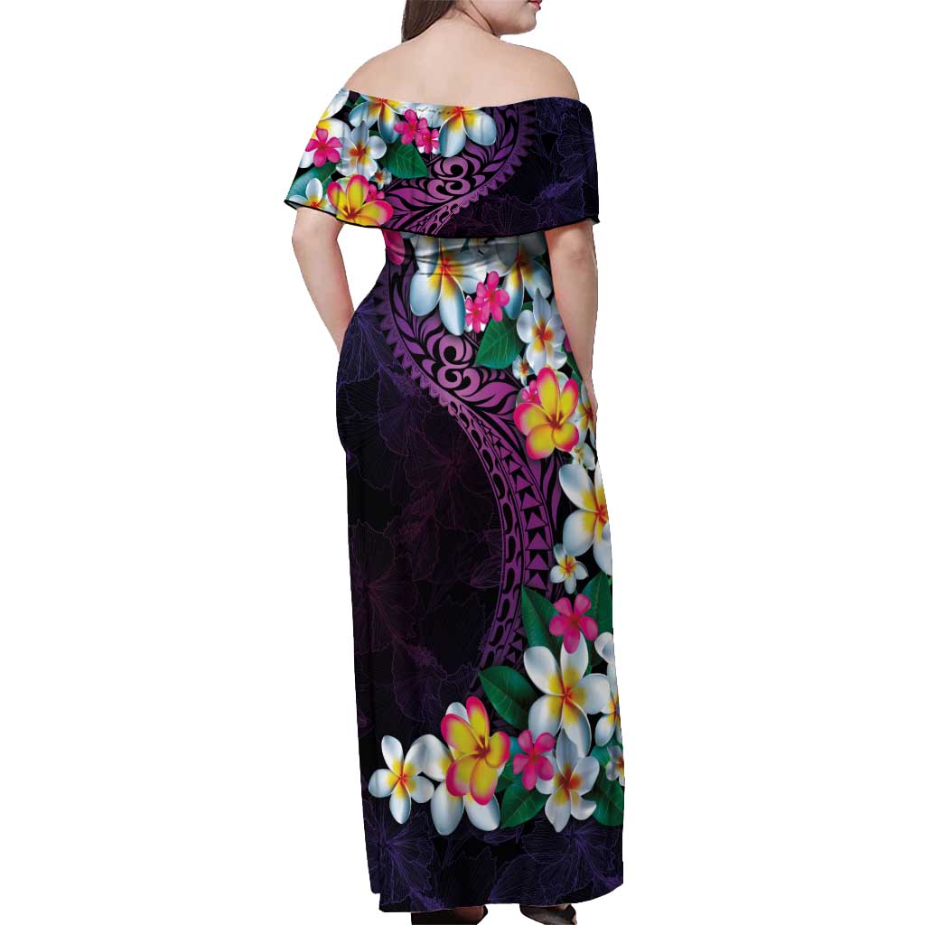 Hawaiian Plumeria-Polynesian Art Tattoo Mauve Color Off Shoulder Maxi Dress