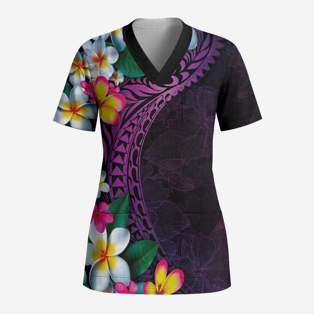 Hawaiian Plumeria-Polynesian Art Tattoo Mauve Color Scrub Top LT03 Adult Purple - Polynesian Pride