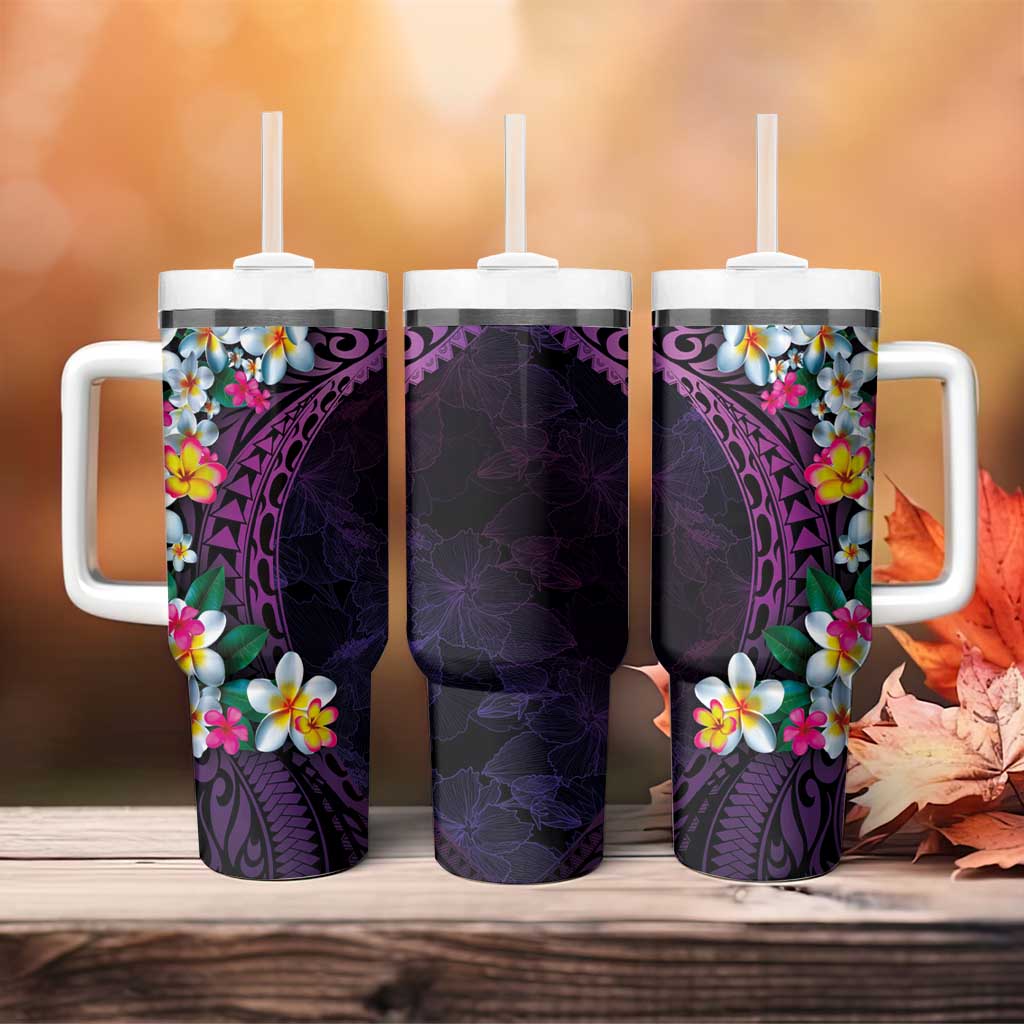 Hawaiian Plumeria-Polynesian Art Tattoo Mauve Color Tumbler With Handle