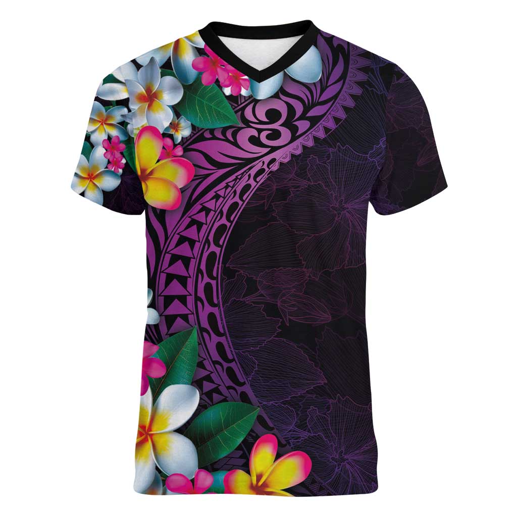 Hawaiian Plumeria-Polynesian Art Tattoo Mauve Color Women V-Neck T-Shirt