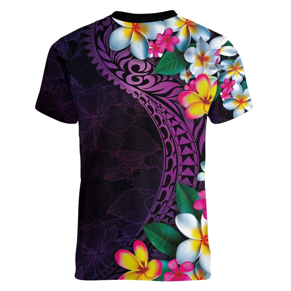 Hawaiian Plumeria-Polynesian Art Tattoo Mauve Color Women V-Neck T-Shirt