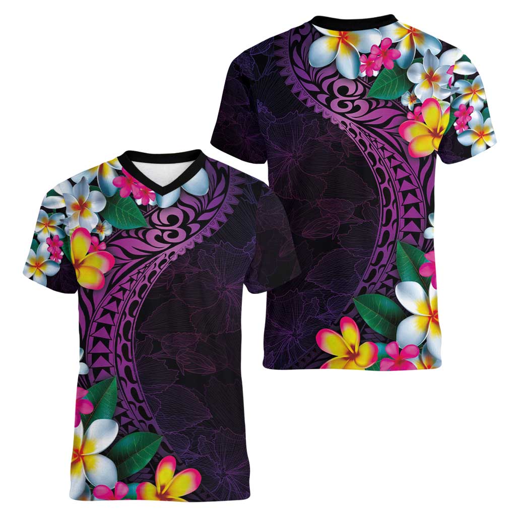 Hawaiian Plumeria-Polynesian Art Tattoo Mauve Color Women V-Neck T-Shirt