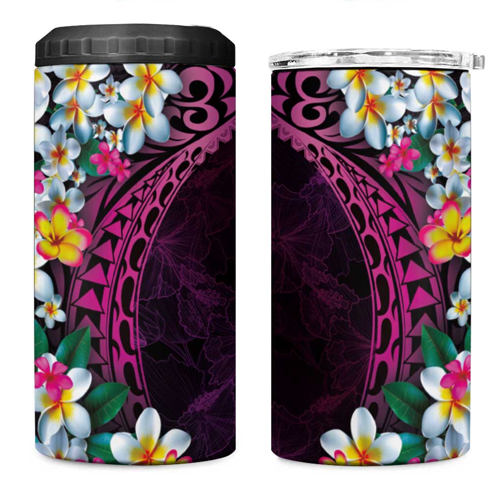 Hawaiian Plumeria-Polynesian Art Tattoo Plum Pink Color 4 in 1 Can Cooler Tumbler