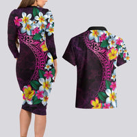 Hawaiian Plumeria-Polynesian Art Tattoo Plum Pink Color Couples Matching Long Sleeve Bodycon Dress and Hawaiian Shirt