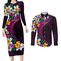 Hawaiian Plumeria-Polynesian Art Tattoo Plum Pink Color Couples Matching Long Sleeve Bodycon Dress and Long Sleeve Button Shirt