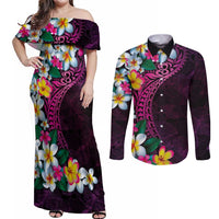 Hawaiian Plumeria-Polynesian Art Tattoo Plum Pink Color Couples Matching Off Shoulder Maxi Dress and Long Sleeve Button Shirt