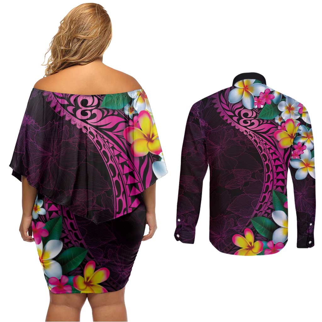 Hawaiian Plumeria-Polynesian Art Tattoo Plum Pink Color Couples Matching Off Shoulder Short Dress and Long Sleeve Button Shirt