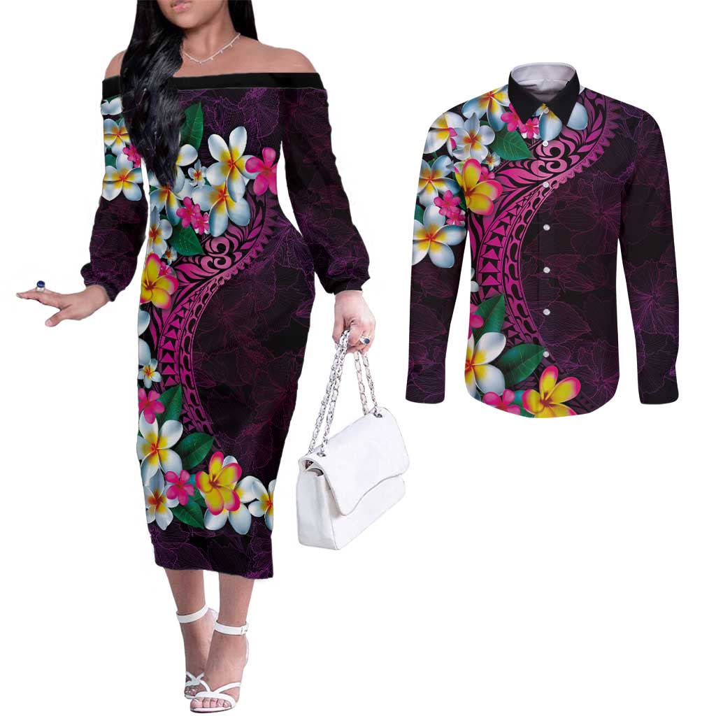 Hawaiian Plumeria-Polynesian Art Tattoo Plum Pink Color Couples Matching Off The Shoulder Long Sleeve Dress and Long Sleeve Button Shirt LT03 Pink - Polynesian Pride