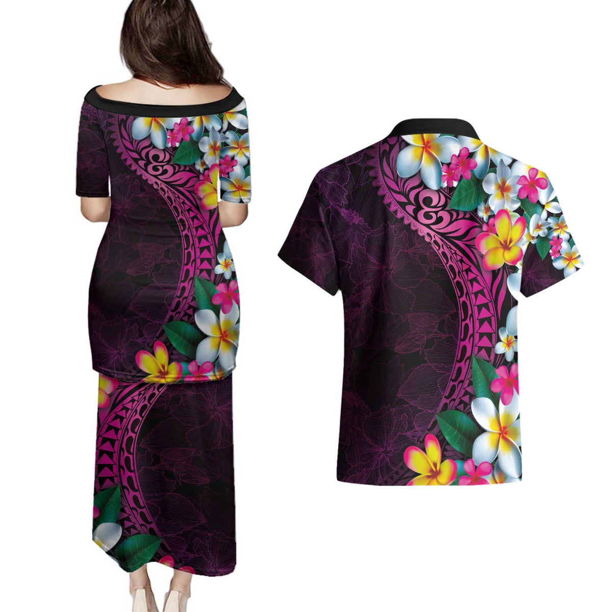 Hawaiian Plumeria-Polynesian Art Tattoo Plum Pink Color Couples Matching Puletasi and Hawaiian Shirt