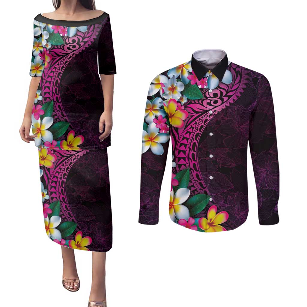 Hawaiian Plumeria-Polynesian Art Tattoo Plum Pink Color Couples Matching Puletasi and Long Sleeve Button Shirt