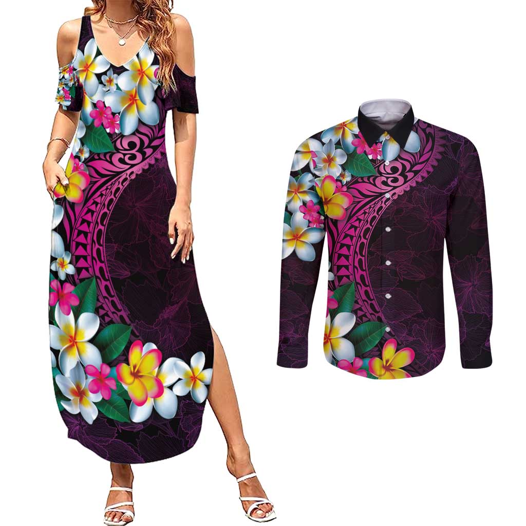 Hawaiian Plumeria-Polynesian Art Tattoo Plum Pink Color Couples Matching Summer Maxi Dress and Long Sleeve Button Shirt