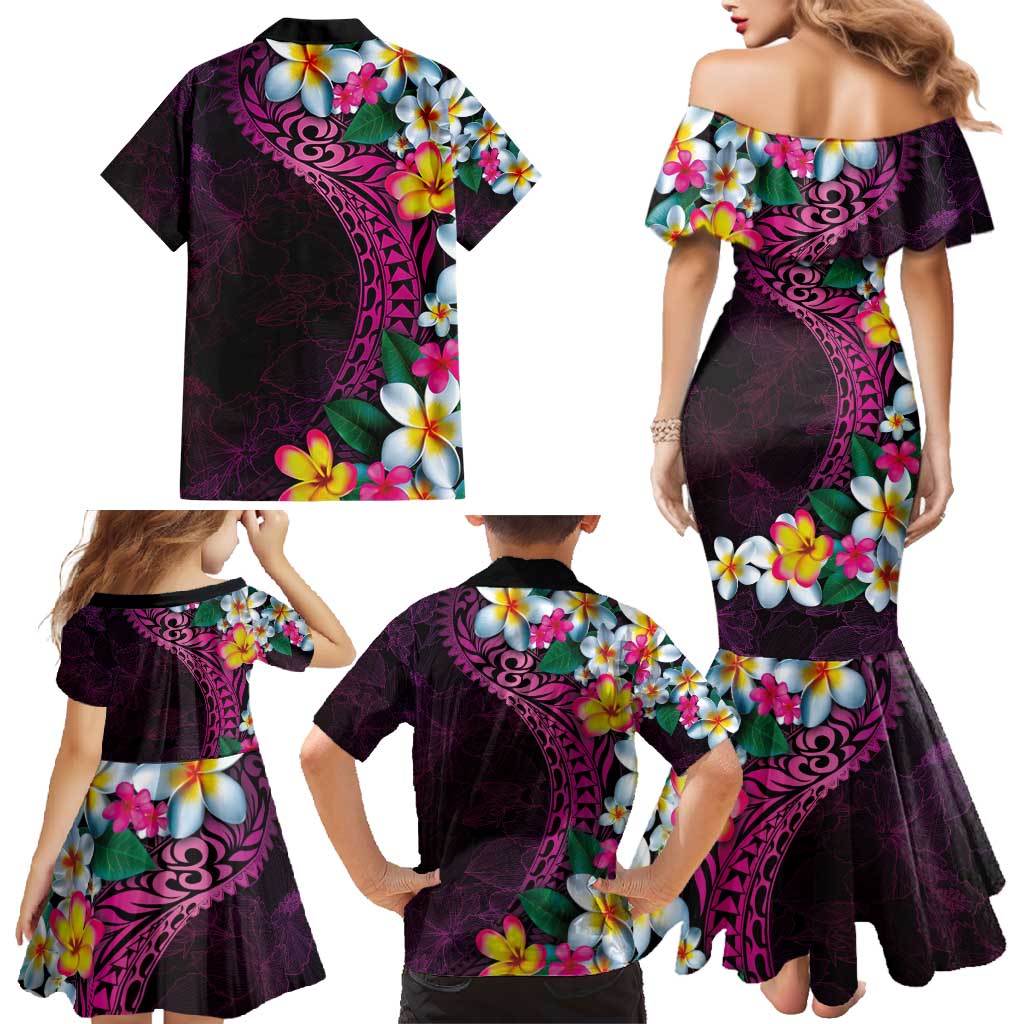 Hawaiian Plumeria-Polynesian Art Tattoo Plum Pink Color Family Matching Mermaid Dress and Hawaiian Shirt