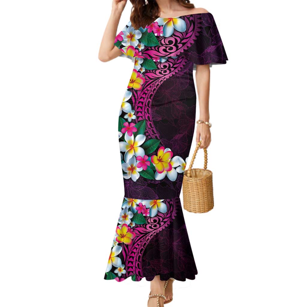 Hawaiian Plumeria-Polynesian Art Tattoo Plum Pink Color Family Matching Mermaid Dress and Hawaiian Shirt