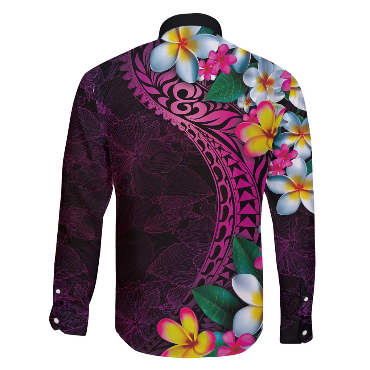 Hawaiian Plumeria-Polynesian Art Tattoo Plum Pink Color Family Matching Off The Shoulder Long Sleeve Dress and Hawaiian Shirt