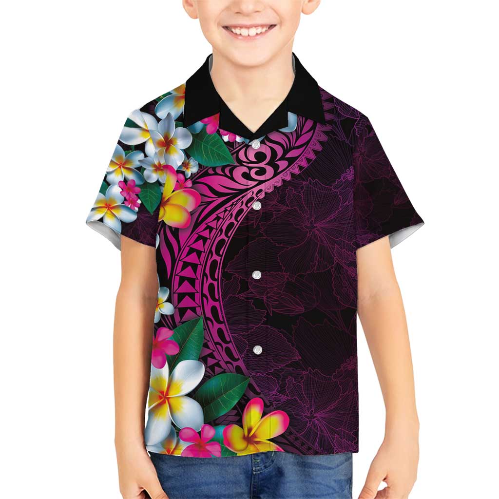 Hawaiian Plumeria-Polynesian Art Tattoo Plum Pink Color Family Matching Off Shoulder Maxi Dress and Hawaiian Shirt
