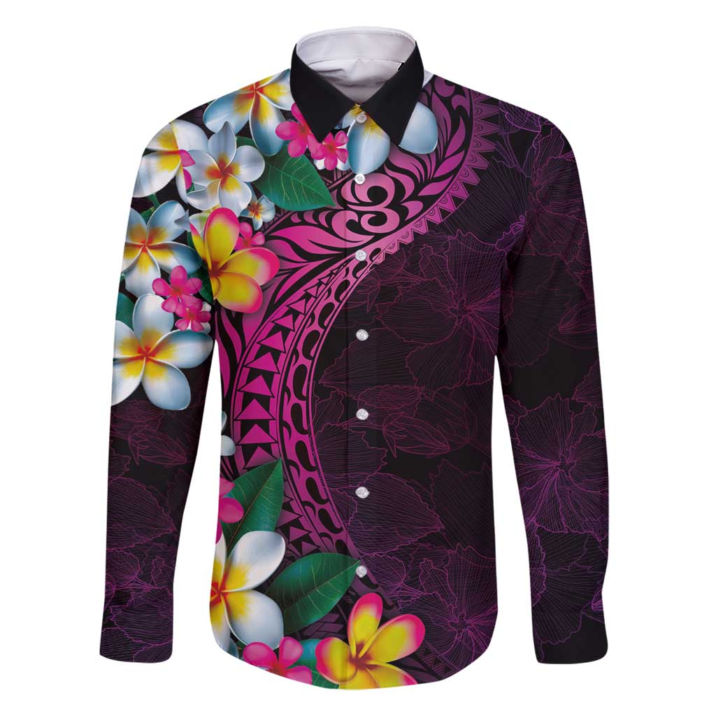 Hawaiian Plumeria-Polynesian Art Tattoo Plum Pink Color Family Matching Off Shoulder Short Dress and Hawaiian Shirt